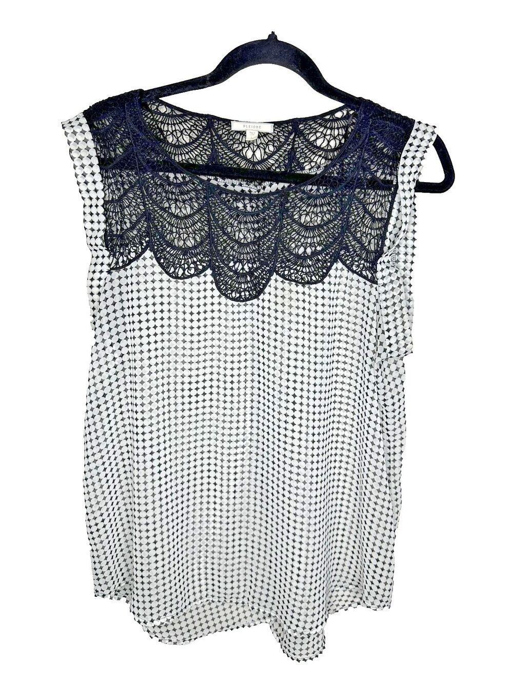 Pleione Blouse Womens Large Lace Yoke Sleeveless Geometric Scalloped Black White - Picture 1 of 6